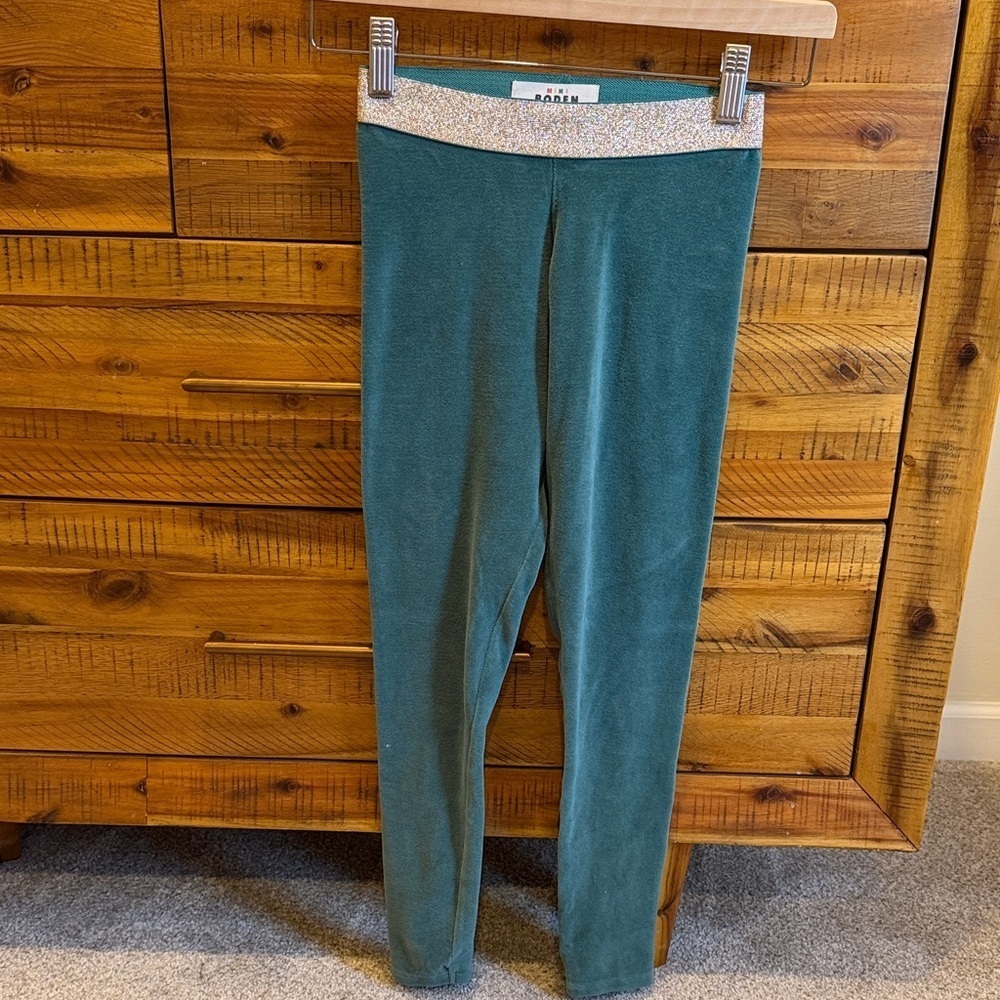 Mini Boden Green Velvet Leggings with Glitter Waistband - Picture 3 of 5